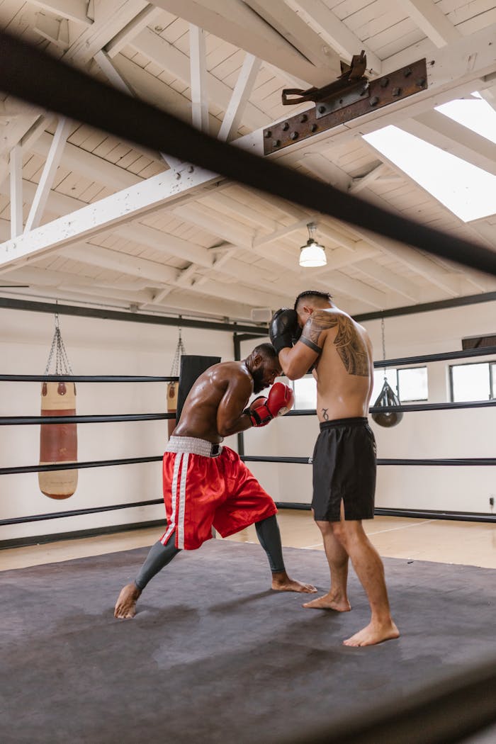 The Art of Drawing Readers In: Your attractive post title goes here Two muscular men sparring in a boxing ring, training with focus and skill.